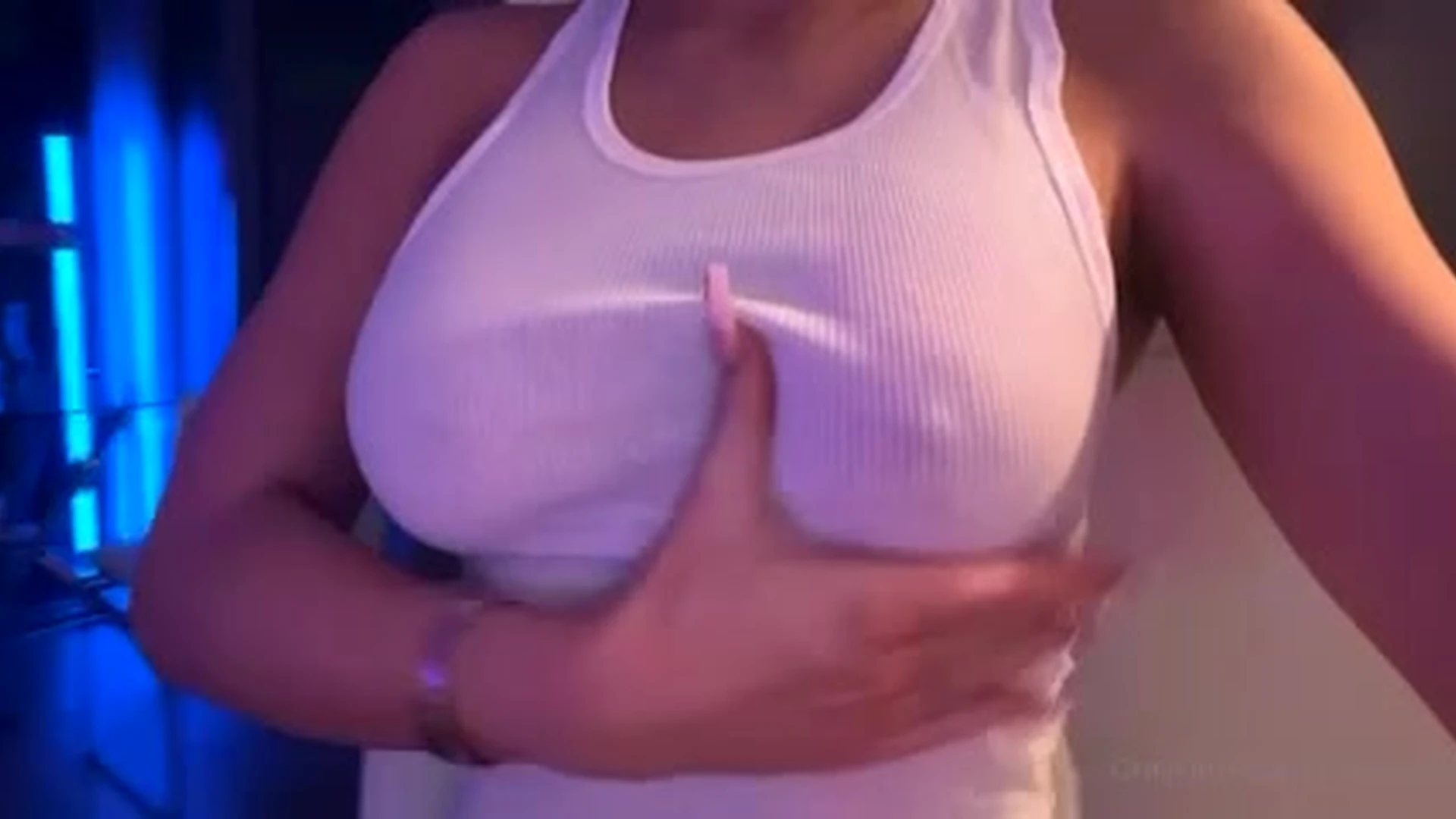 sexy big boobs model Molly Eskam squeeze her big breast with one hand
