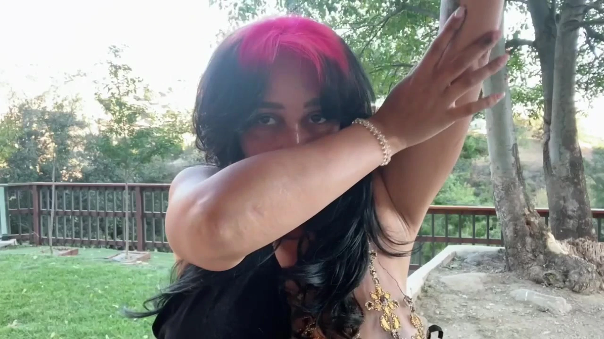 hot freaky bitch Emily Cheree rubs her tits and play with her perfect boobs in the garden