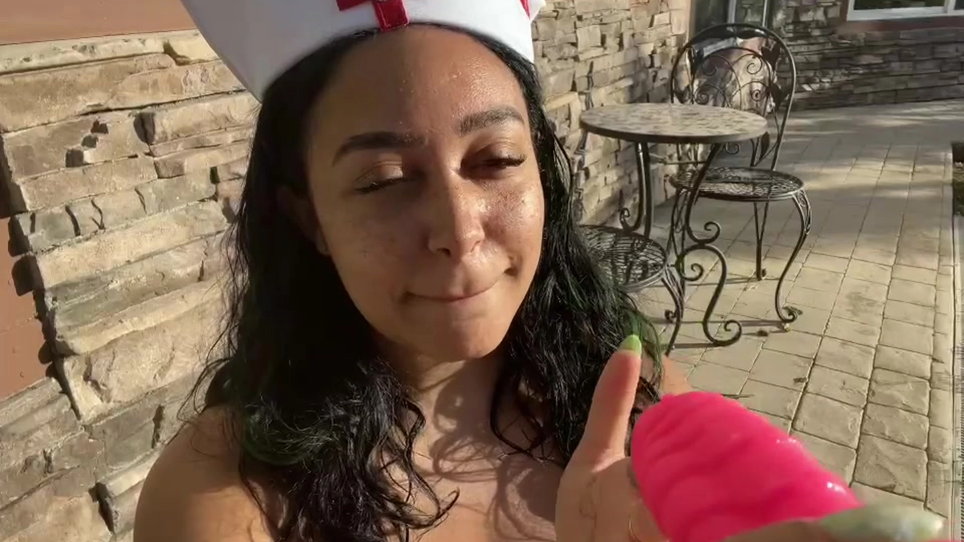sexy naughty nurse Emily Cheree use dildo in her tight coochie at work