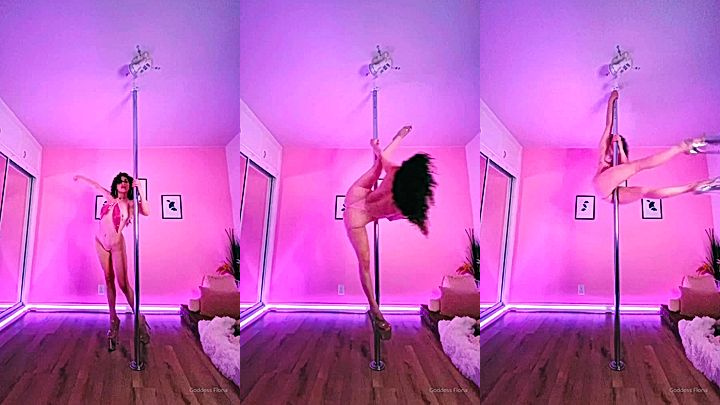 hot slut Mama Fiona in heels gripping hard on pole, her massive big tits and ass jiggle