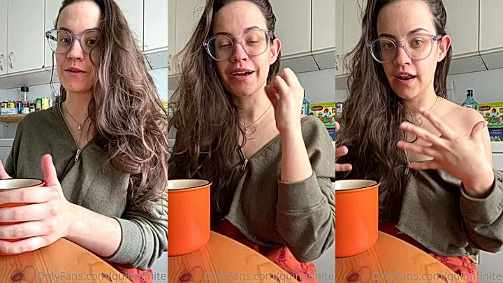 sexy onlyfans slut QuinnFinite teasing video, she shows her big gigantic tits while taking tea