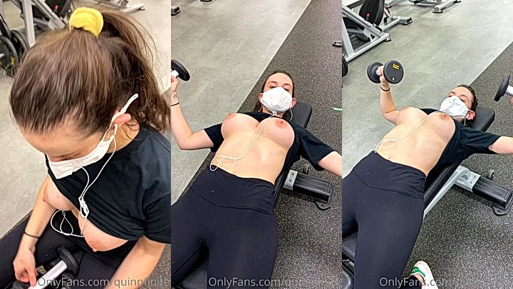 big tits model QuinnFinite flashes her big boobs in the gym