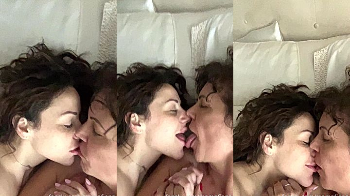 slutty naughty bitches Mama Fiona kissing her hot busty friend on bed