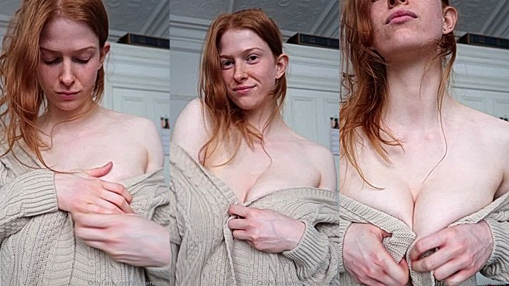 naughty big tits model Imogen Lucie unwrap her big itts like a present, she rest big boobs on her palm