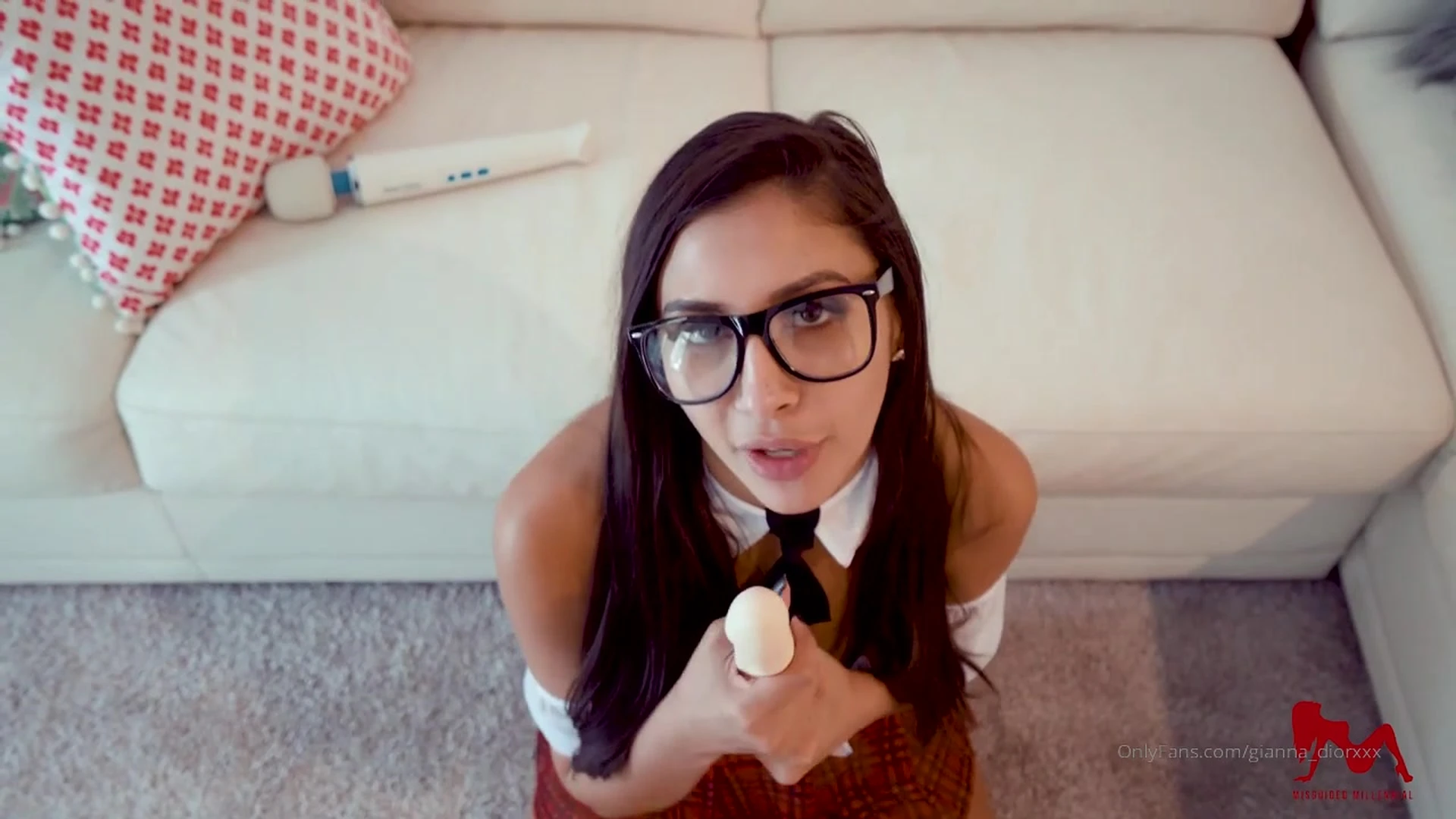 pobedient model Gianna Dior on her knes gagging on huge dildo