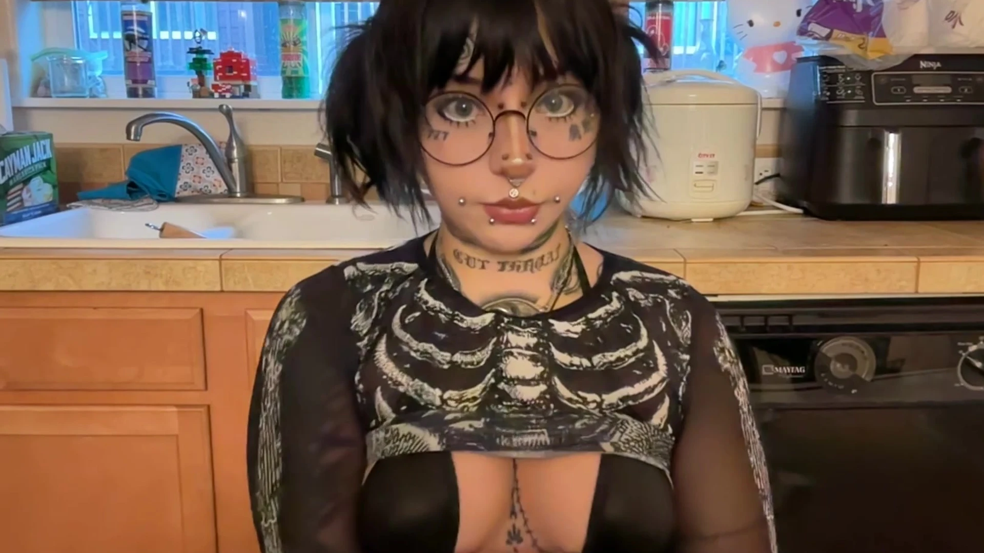 pretty cute white girl Triplexceleste in the kitchen showing off her big boobs