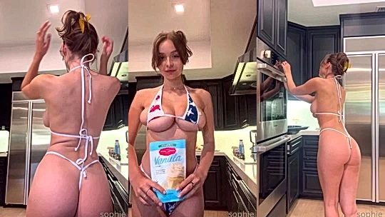 pretty plumpy babe Sophie Mudd cooking in the kitchen in lingerie, leaked video