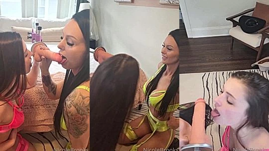 filthy doll  Oakley Raespreads her sexy ass for cam on the bed and sucks on a huge dildo with her friends, leaked onlyfans