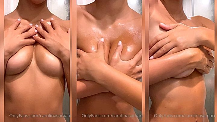 white hot doll Carolina Samani tocuh her boobs and rubs her body slow and steady