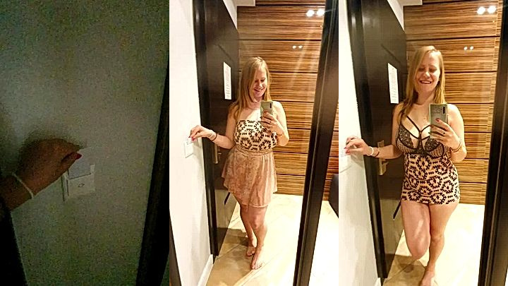 sexy model PolaRainbow switches outfits in the mirror