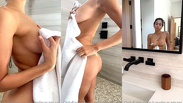 naughty doll Carolina Samani runs her hands all over her big gyatt and huge tits in the bathroom, leaked porn nude scene