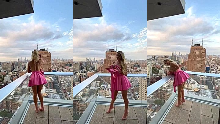 sexy blonde milf Nicolette Shea standing outside her apartment onlyfans