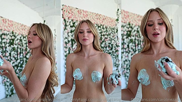 onlyfans model Caroline Zalog eat cake and got cream on her huge tits
