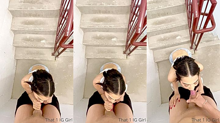 freaky hoe That1iggirl gags on my cock by the stairs