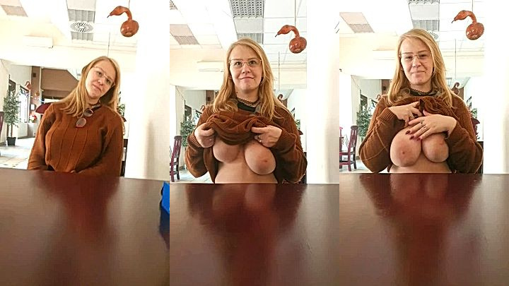 i am so horny and i can’t wait till i get back home so i press my huge tits at the resturant, PolaRainbow video