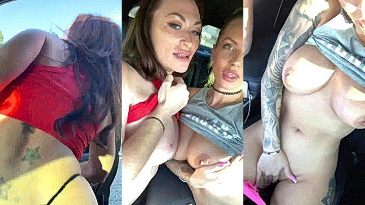 hot sexy slut Viking Barbie in the car with her blonde bitch moans hard as they finger their soaking wet pussy hard