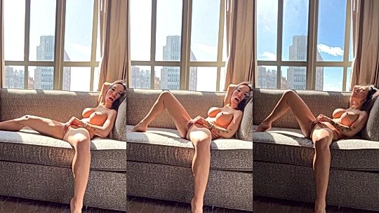 slut Asa Akira on the couch enjoying her alone time playing with her soaked pussy, leaks