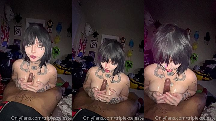 hony babe Triplexceleste squeezes her tits and gives a tit job, leaked onlyfans