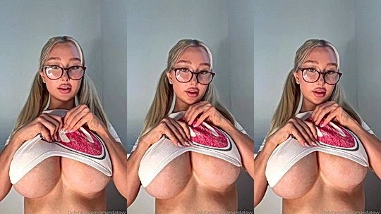 glasses sexy onlyfans model Amanda Toy takes of her tight lingerie