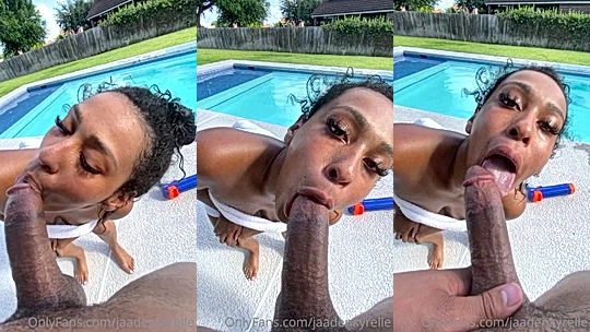 pool side cock gagging, Jaaden Kyrelle sucked big black cock by the pool and tru around for rough doggy pounding