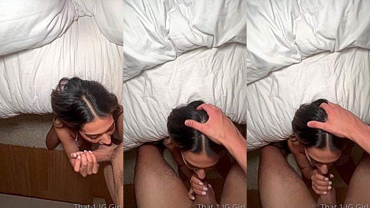 horny onlyfans queen That1iggirl sucks on her neighbors cock while laying on the bed till he cums on her face, onlyfans leak