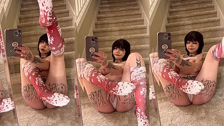 naughty white chick Triplexceleste in front of the mirror garbbing her big tits and wet pussy