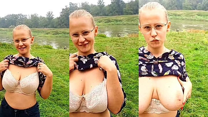 leaked viral video of big tits model PolaRainbow playing with her big boobs in the field