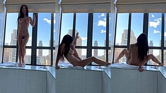 horny Japanese milf stepmom Asa Akira naked and masturbates by the window