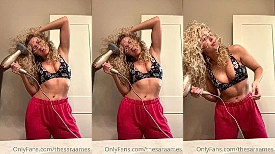 sexy naughty wild bitch Sara Ames bow dry her hair in her bra