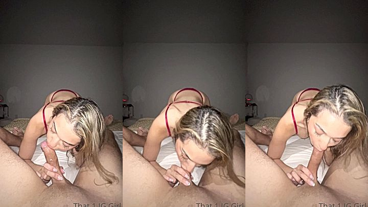 dirty american chick That1iggirl sucks on a huge white cock on the bed till she moans , leaked onlyfans