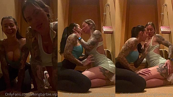 lesbians tease, two hot babes on the bathroom floor grabbing eachother tits, kissing hard and gently figer eachother pussy till they lose it, Viking Barbie leaked video