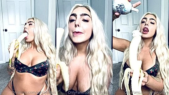 horny slut Emily Rinaudo likes playing with her banana in her mouth