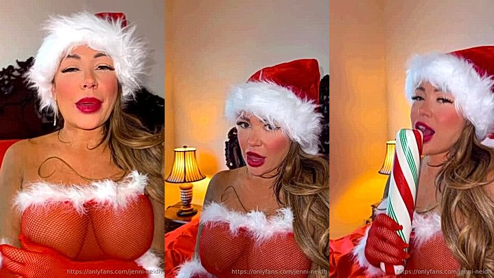 naughty slut Jenni Neidhart jiggles her titties on cam while wearing a see through christmas outfit