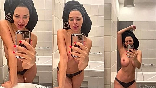 wild babe Kira Queen titty tease in front of mirror leaked onlyfans video