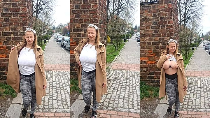 PolaRainbow showing off her big boobs outside in the streets