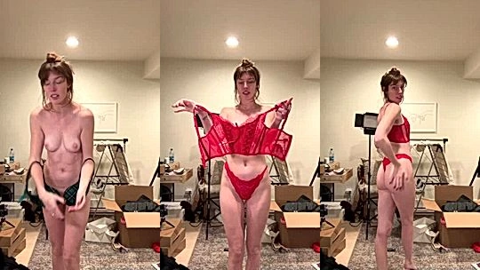 hot girl Erin Gilfoy undresses and show off her curves and waist and body in red lingerie but prefers her sexy naked soft body