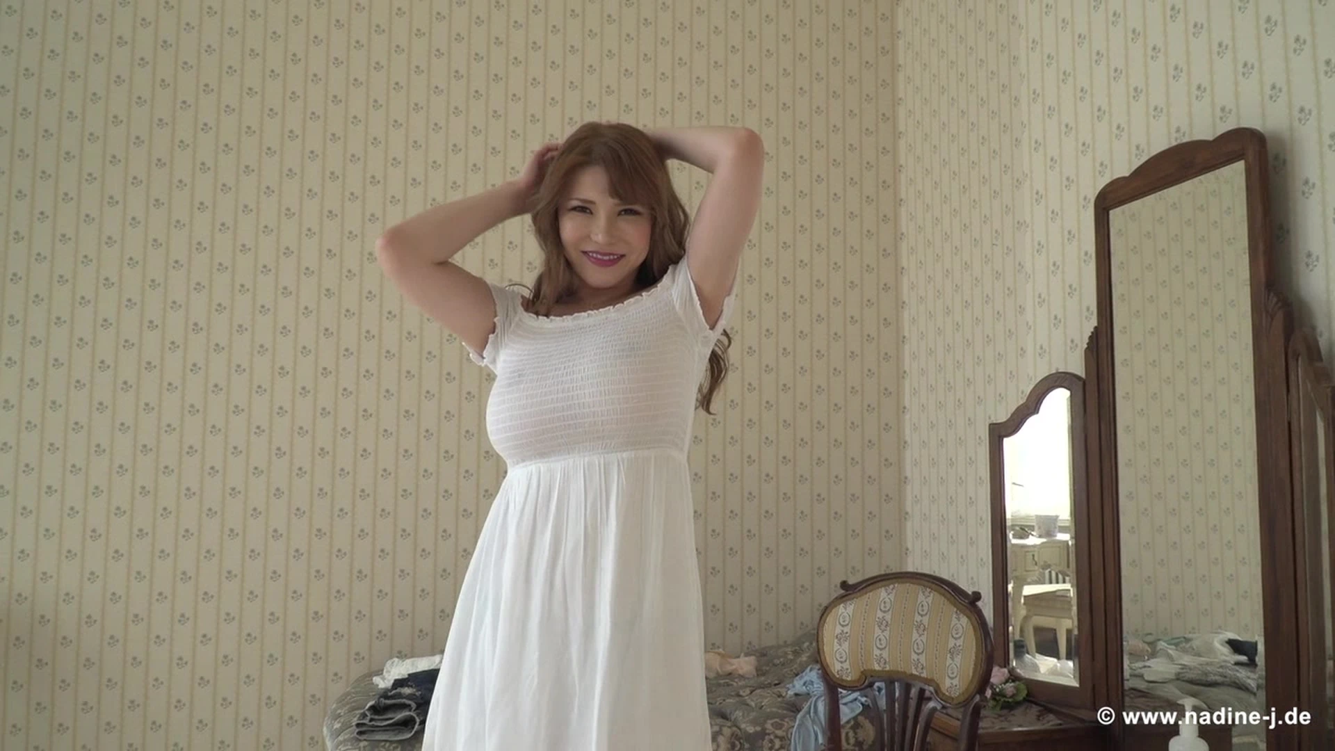 dirty wild sexy naughty horny babe Anri Okita pulls down her dress and play with her juicy titties hard